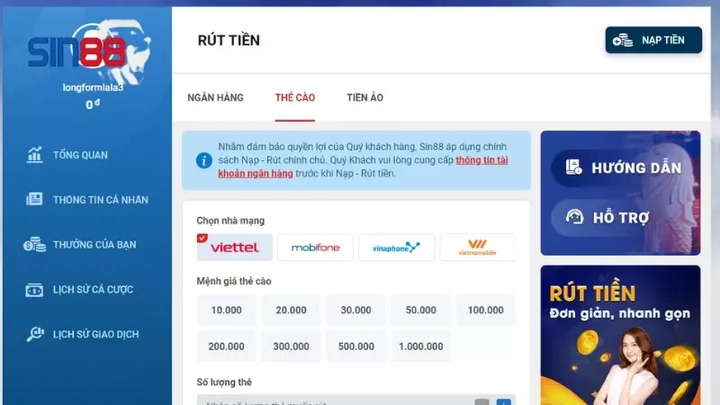 Hướng dẫn rút tiền Sin88 bằng thẻ cào